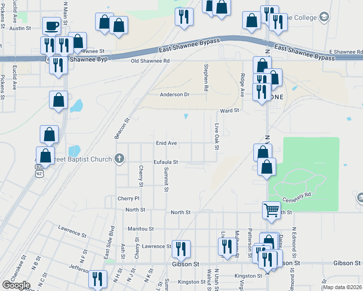 map of restaurants, bars, coffee shops, grocery stores, and more near 1617 Chestnut Street in Muskogee