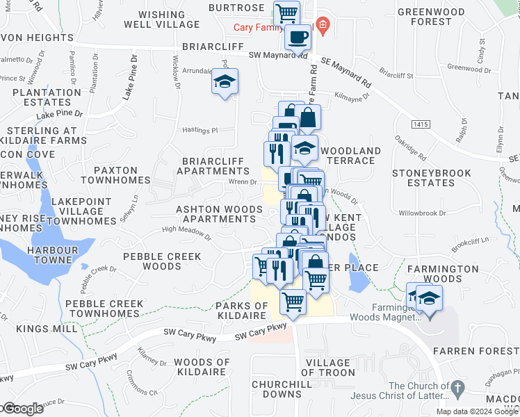 map of restaurants, bars, coffee shops, grocery stores, and more near 130 Twin Oaks Place in Cary