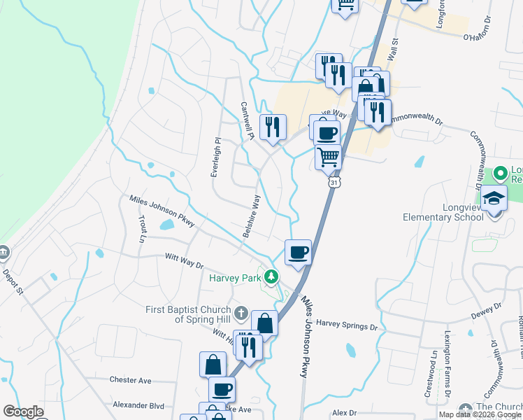 map of restaurants, bars, coffee shops, grocery stores, and more near 1023 Cantwell Place in Spring Hill