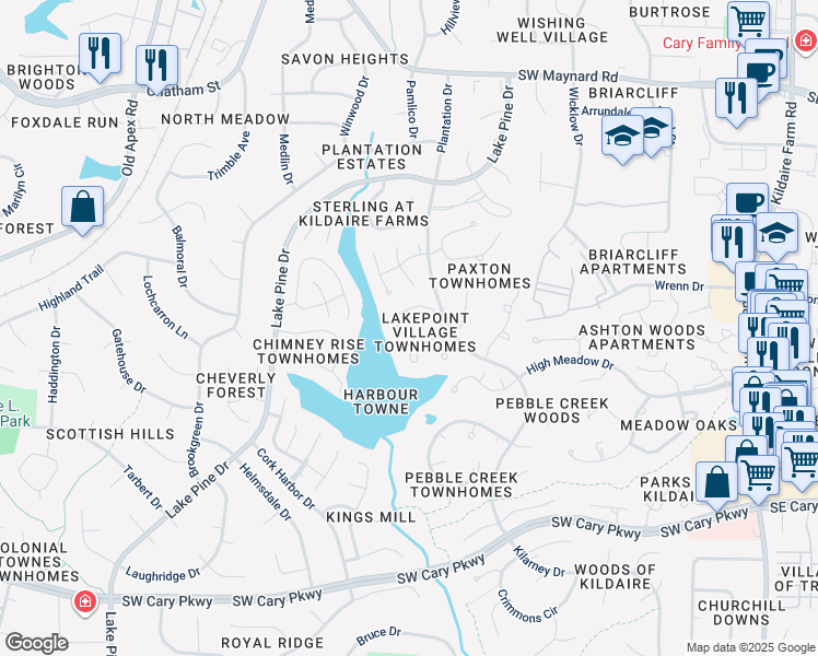 map of restaurants, bars, coffee shops, grocery stores, and more near 129 Spring Cove Drive in Cary
