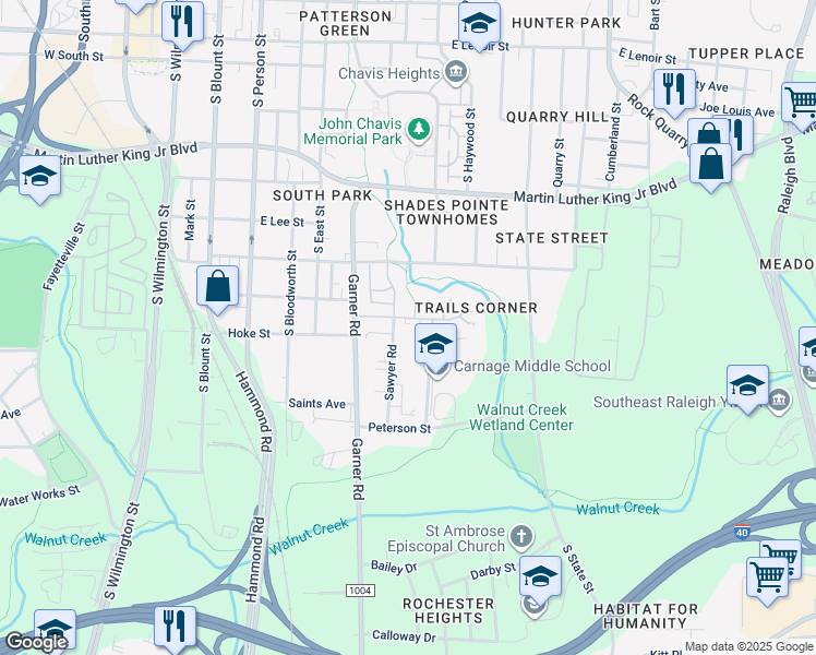 map of restaurants, bars, coffee shops, grocery stores, and more near 1416 Sawyer Road in Raleigh