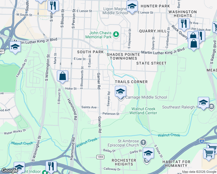 map of restaurants, bars, coffee shops, grocery stores, and more near 1416 Sawyer Road in Raleigh