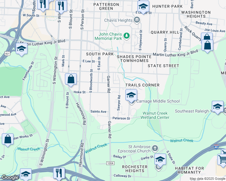 map of restaurants, bars, coffee shops, grocery stores, and more near 1402 Garner Road in Raleigh