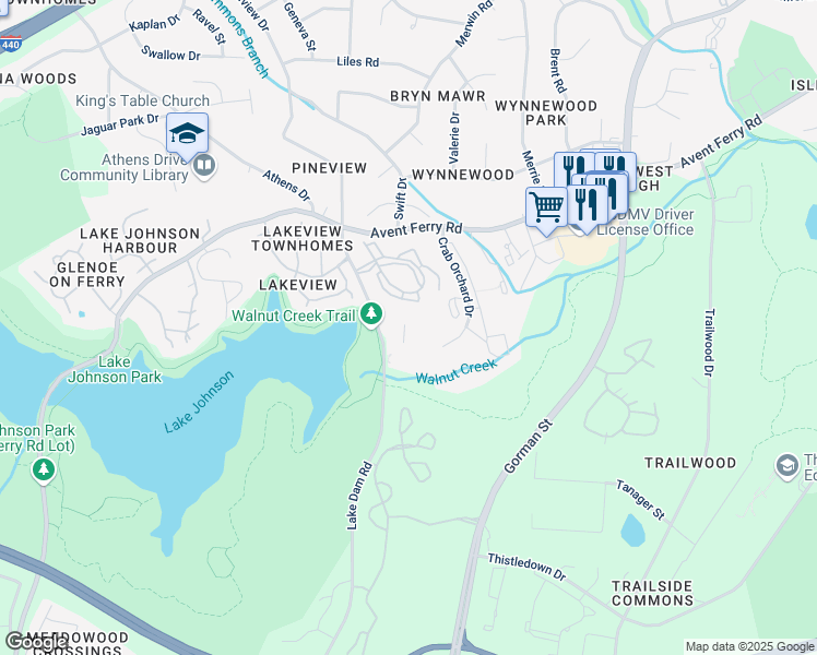 map of restaurants, bars, coffee shops, grocery stores, and more near 1221 University Court in Raleigh