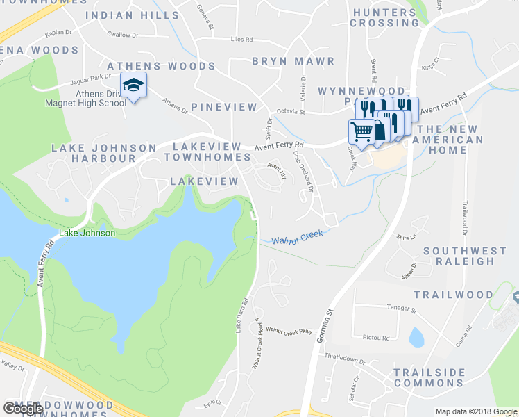 map of restaurants, bars, coffee shops, grocery stores, and more near 1220 University Court in Raleigh