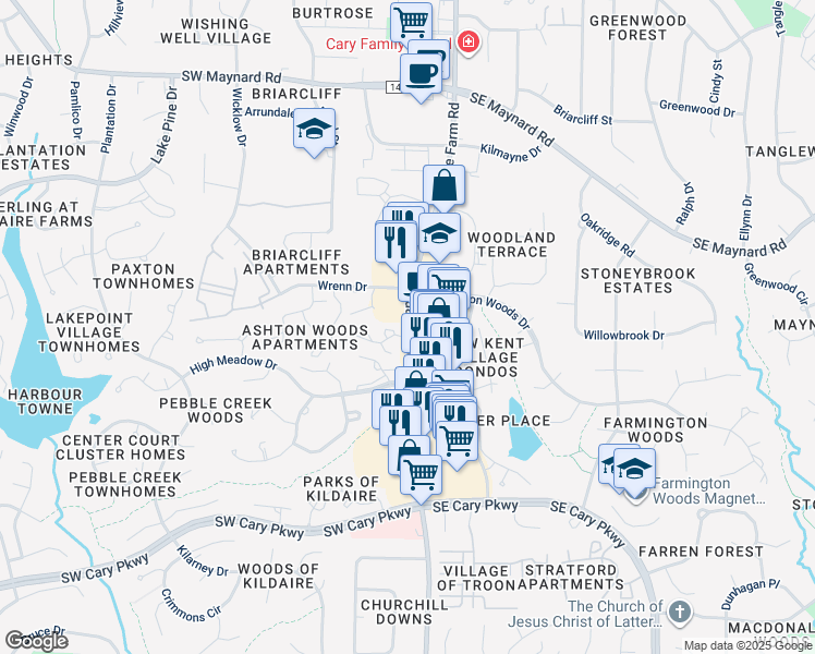 map of restaurants, bars, coffee shops, grocery stores, and more near 1231 Kildaire Farm Road in Cary