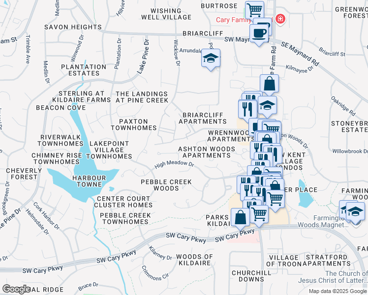 map of restaurants, bars, coffee shops, grocery stores, and more near 305 Dahlia Place in Cary