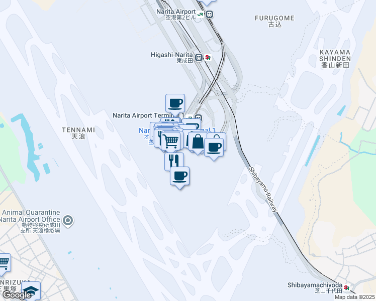 map of restaurants, bars, coffee shops, grocery stores, and more near in Narita