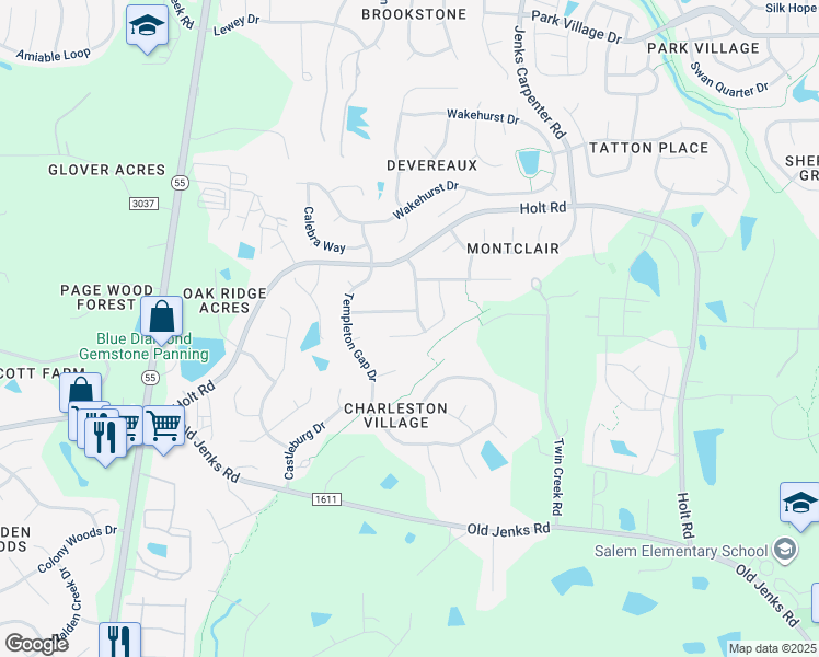 map of restaurants, bars, coffee shops, grocery stores, and more near 1256 Hill Hollow Way in Apex