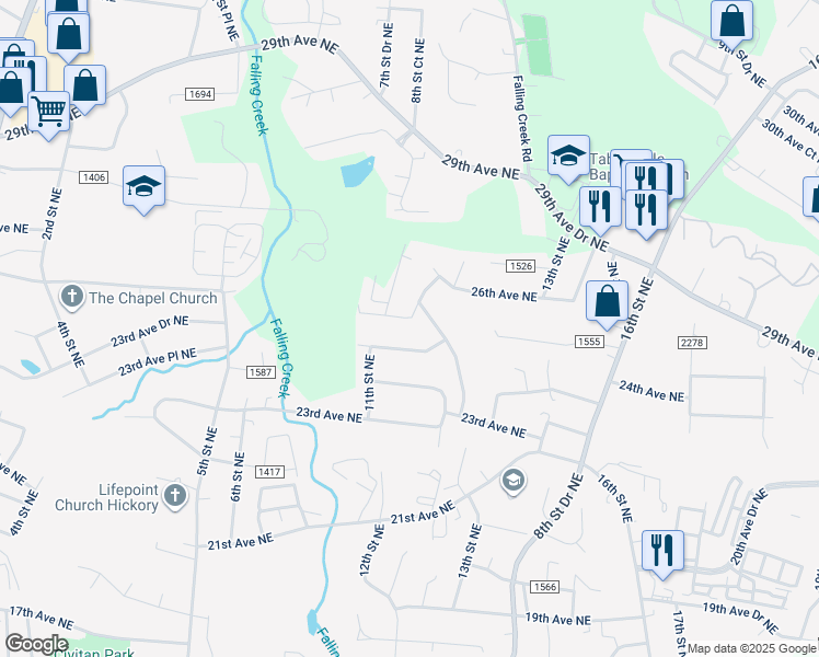 map of restaurants, bars, coffee shops, grocery stores, and more near 1206 25th Avenue Northeast in Hickory
