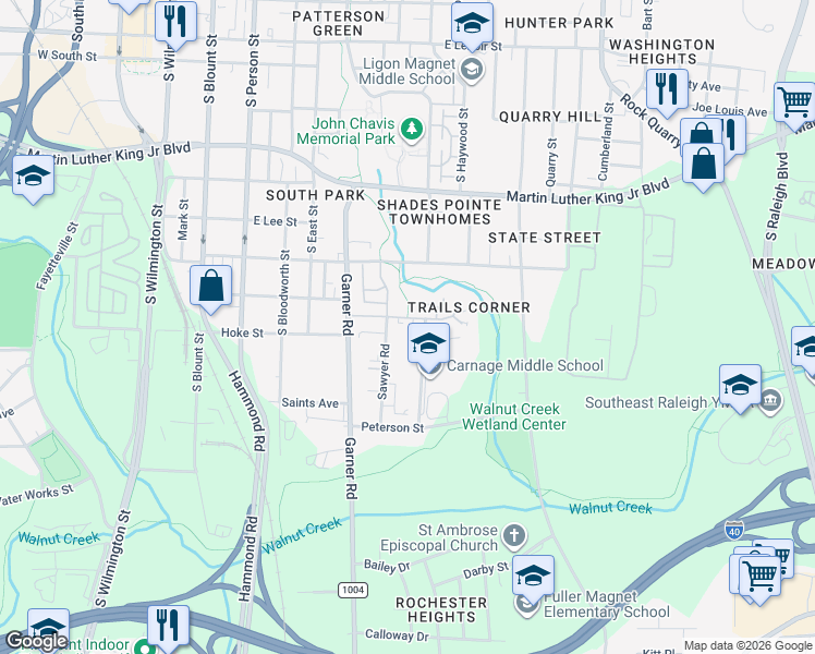 map of restaurants, bars, coffee shops, grocery stores, and more near 1418 Carnage Drive in Raleigh