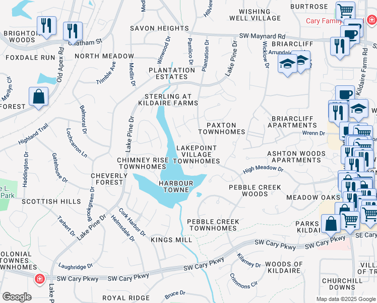 map of restaurants, bars, coffee shops, grocery stores, and more near 129 Spring Cove Drive in Cary