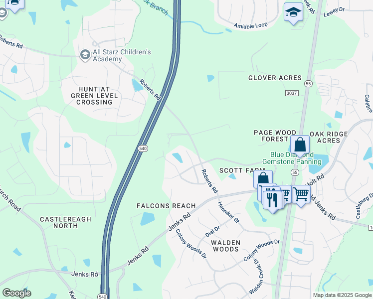 map of restaurants, bars, coffee shops, grocery stores, and more near 439 Clark Creek Lane in Apex