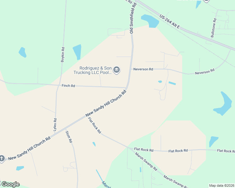 map of restaurants, bars, coffee shops, grocery stores, and more near 7617-7645 New Sandy Hill Church Road in Bailey