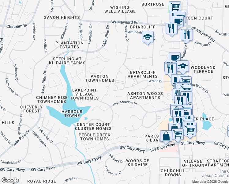 map of restaurants, bars, coffee shops, grocery stores, and more near in Cary
