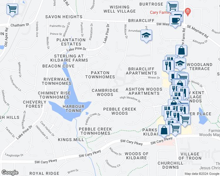 map of restaurants, bars, coffee shops, grocery stores, and more near 1214 Selwyn Lane in Cary