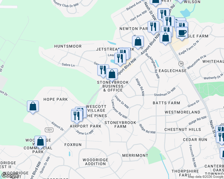 map of restaurants, bars, coffee shops, grocery stores, and more near 2813-2899 Hope Drive Northwest in Wilson
