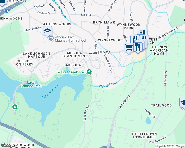 map of restaurants, bars, coffee shops, grocery stores, and more near 1220 University Court in Raleigh