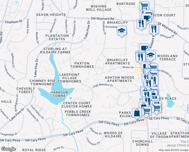 map of restaurants, bars, coffee shops, grocery stores, and more near in Cary