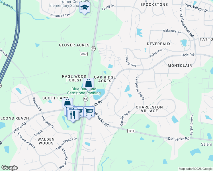 map of restaurants, bars, coffee shops, grocery stores, and more near 709 Oak Ridge Drive in Cary