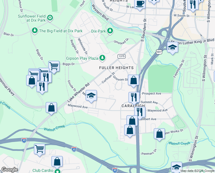 map of restaurants, bars, coffee shops, grocery stores, and more near 1216 Duffy Place in Raleigh