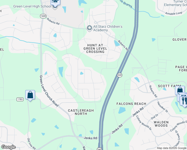 map of restaurants, bars, coffee shops, grocery stores, and more near 573 Spire Bend in Apex