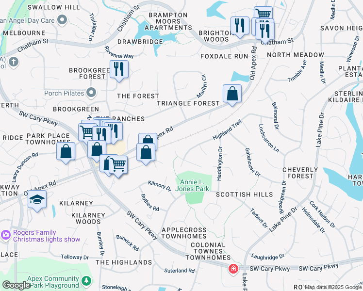 map of restaurants, bars, coffee shops, grocery stores, and more near 102 McCloud Court in Cary