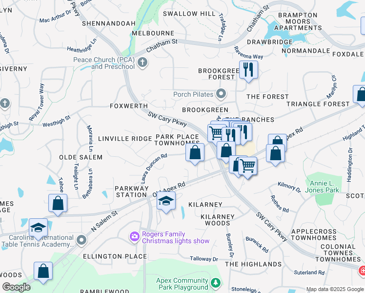 map of restaurants, bars, coffee shops, grocery stores, and more near 321 Center Pointe Drive in Cary