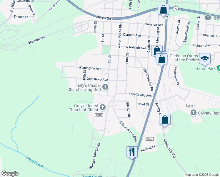 map of restaurants, bars, coffee shops, grocery stores, and more near 1600 Wilson W Lee Boulevard in Statesville