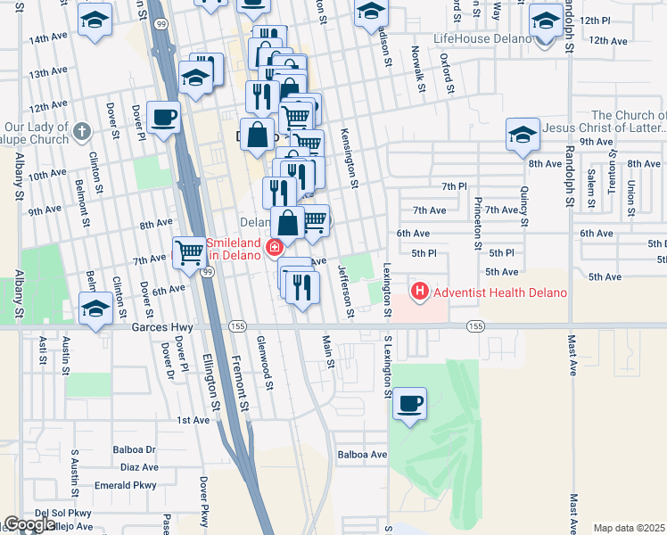 map of restaurants, bars, coffee shops, grocery stores, and more near 527 Jefferson Street in Delano