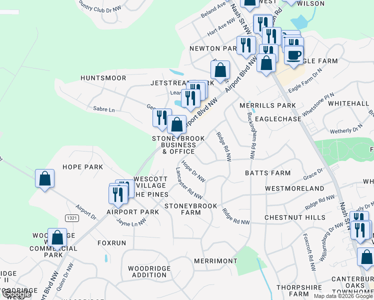 map of restaurants, bars, coffee shops, grocery stores, and more near 2813-2899 Hope Drive Northwest in Wilson