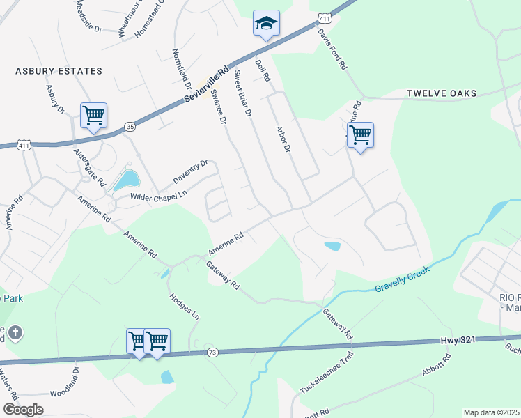 map of restaurants, bars, coffee shops, grocery stores, and more near 1225 Amerine Road in Maryville