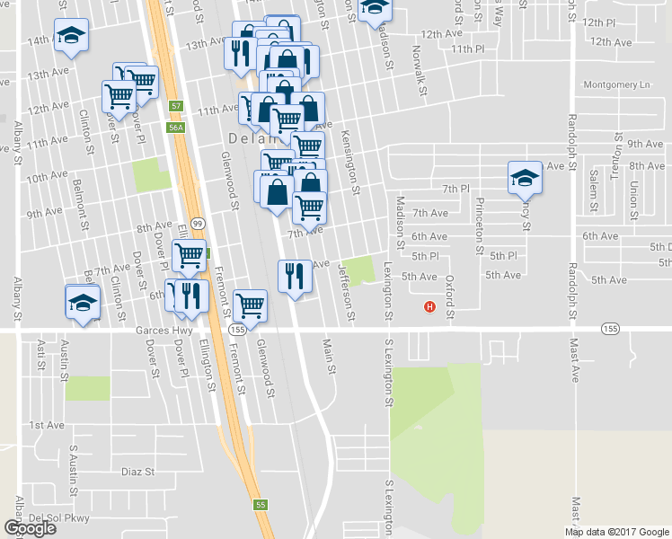 map of restaurants, bars, coffee shops, grocery stores, and more near 527 Jefferson Street in Delano