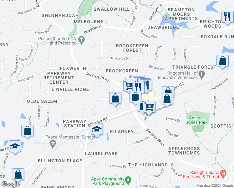 map of restaurants, bars, coffee shops, grocery stores, and more near 106 Pointe Crest Court in Cary
