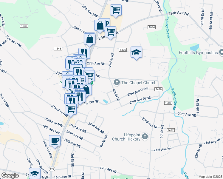 map of restaurants, bars, coffee shops, grocery stores, and more near 2509 4th Street Northeast in Hickory