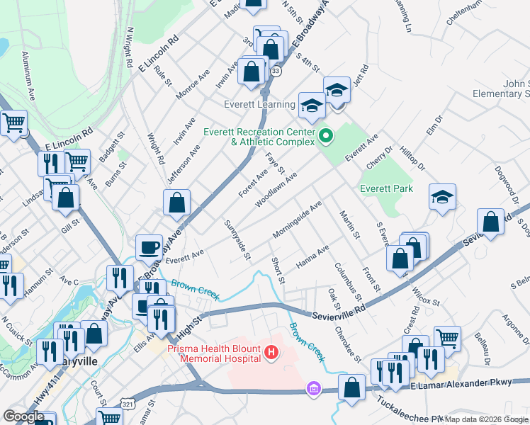 map of restaurants, bars, coffee shops, grocery stores, and more near 1219 Woodlawn Avenue in Maryville