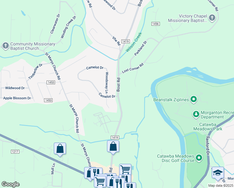 map of restaurants, bars, coffee shops, grocery stores, and more near 102 Camelot Drive in Morganton