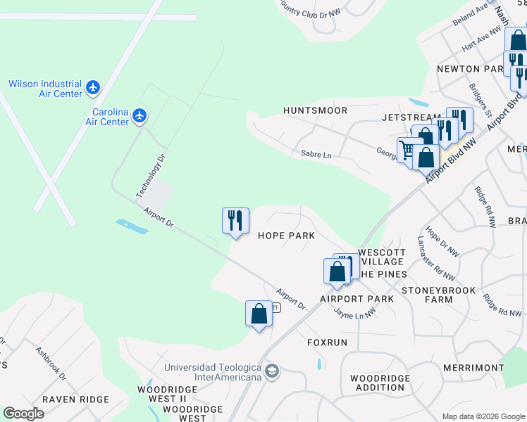 map of restaurants, bars, coffee shops, grocery stores, and more near 3812 Chase Road Northwest in Wilson