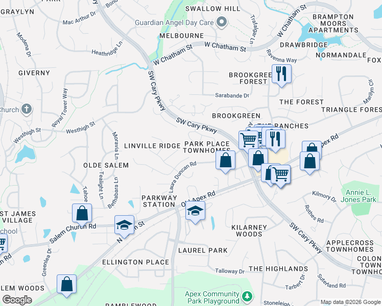 map of restaurants, bars, coffee shops, grocery stores, and more near 322 Vinca Circle in Cary