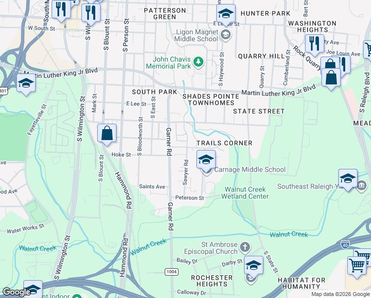 map of restaurants, bars, coffee shops, grocery stores, and more near 1412 Sawyer Road in Raleigh