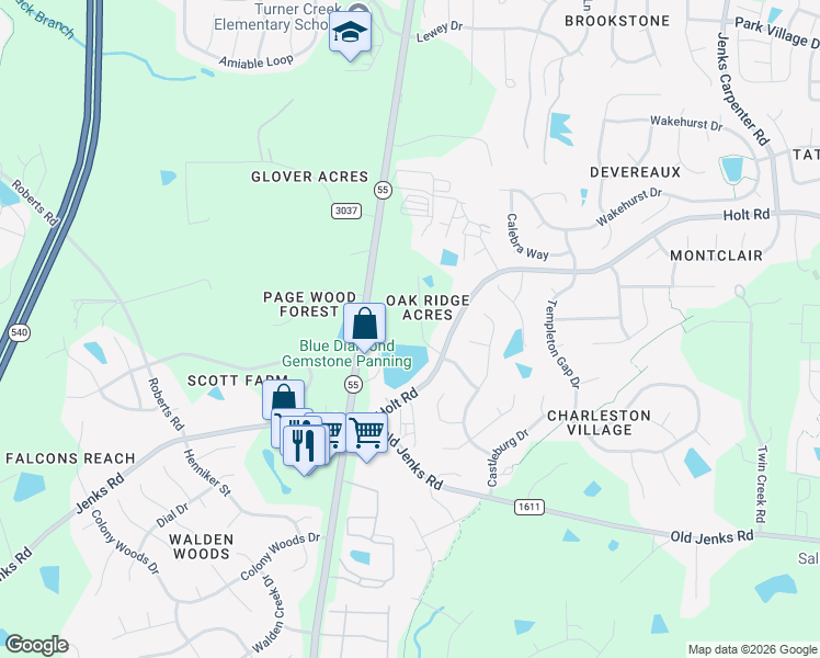 map of restaurants, bars, coffee shops, grocery stores, and more near 709 Oak Ridge Drive in Cary