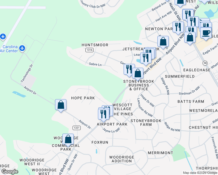 map of restaurants, bars, coffee shops, grocery stores, and more near 3419 Airport Boulevard Northwest in Wilson
