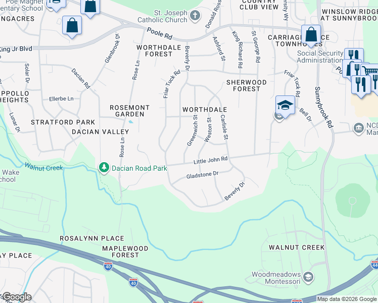 map of restaurants, bars, coffee shops, grocery stores, and more near 1007 Greenwich Street in Raleigh