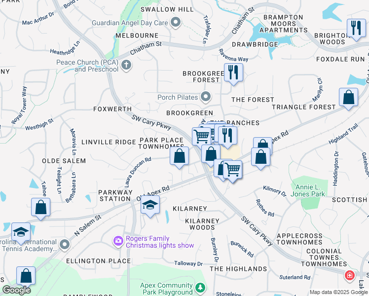 map of restaurants, bars, coffee shops, grocery stores, and more near 112 Pointe Crest Court in Cary