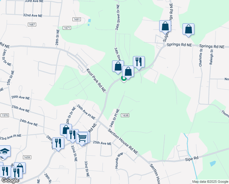 map of restaurants, bars, coffee shops, grocery stores, and more near 3408 Springs Road Northeast in Hickory