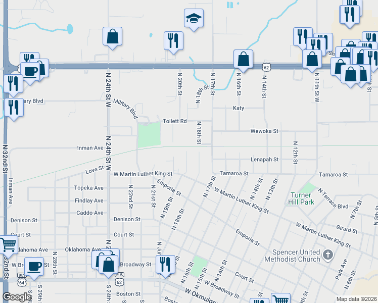 map of restaurants, bars, coffee shops, grocery stores, and more near 1548 North 18th Street in Muskogee