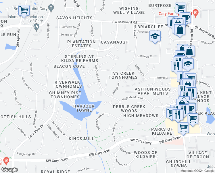 map of restaurants, bars, coffee shops, grocery stores, and more near 110 Planetree Lane in Cary