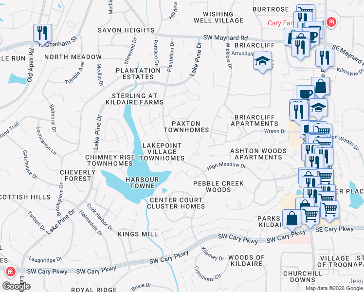 map of restaurants, bars, coffee shops, grocery stores, and more near 115 Planetree Lane in Cary