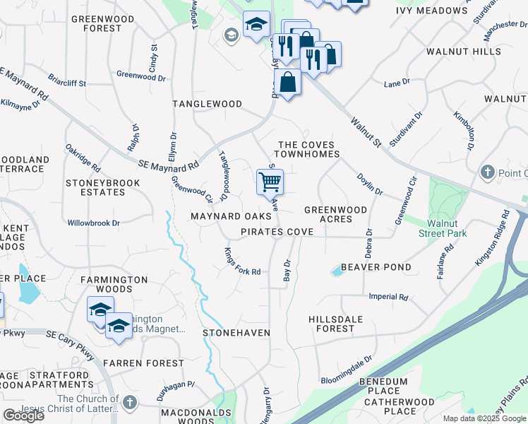 map of restaurants, bars, coffee shops, grocery stores, and more near 1209 Kenbridge Lane in Cary