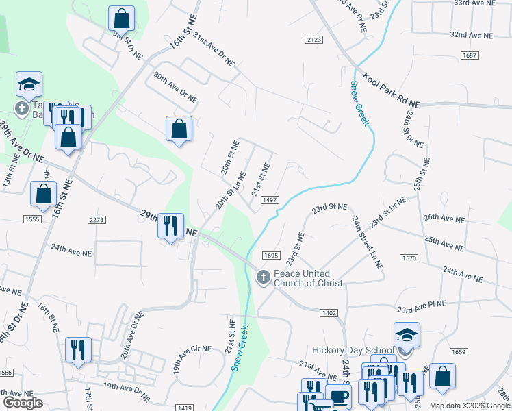 map of restaurants, bars, coffee shops, grocery stores, and more near 2734 21st Street Northeast in Hickory